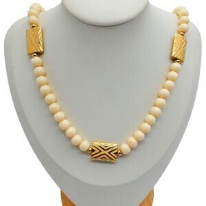 Vintage Napier Beaded Necklace Cream & Gold Tone Statement Retro Designer 23"